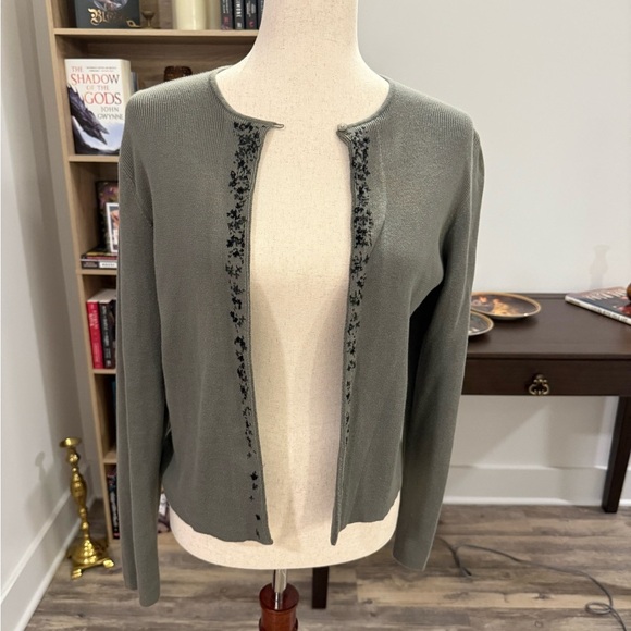 LOFT Sweaters - ANN TAYLOR | Green Embroidered Open Front Cardigan Medium